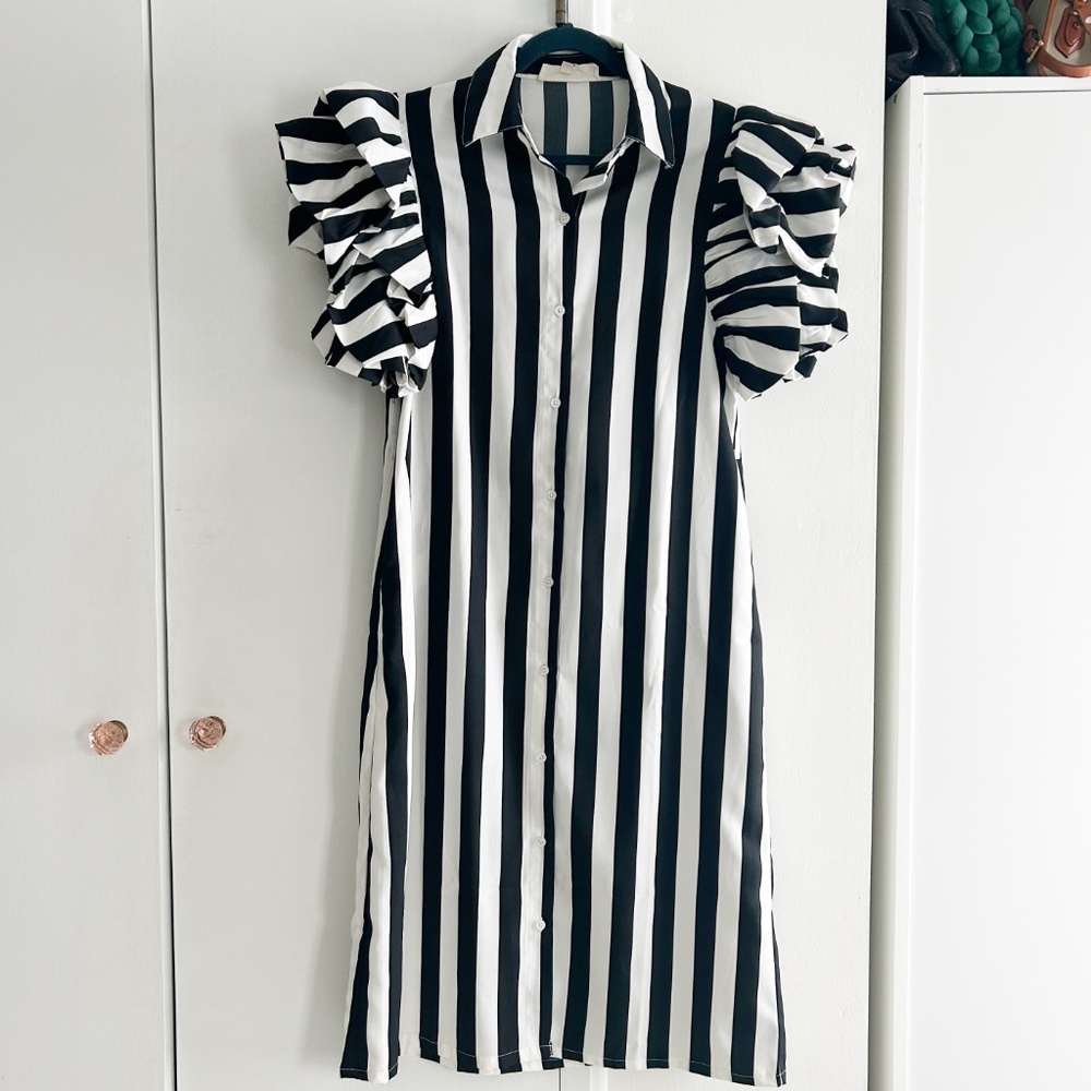 Black & White Stripe Shirt Dress with Ruffle Sleeves
